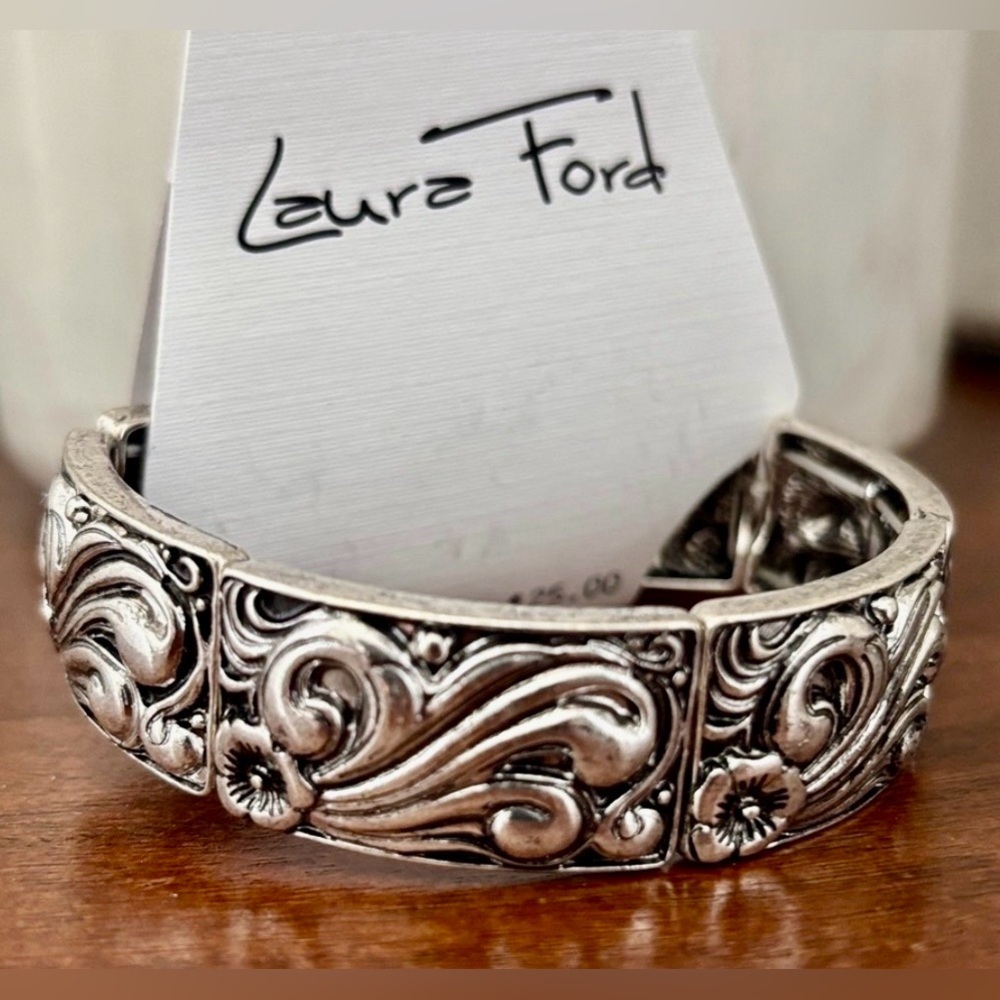 Laura Ford Stretch Silvertone Embossed scroll & floral bracelet